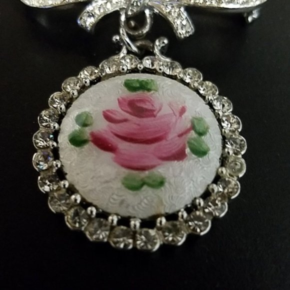 Vintage Guilloche Enamel & Rhinestone Bow Brooch - Picture 2 of 5